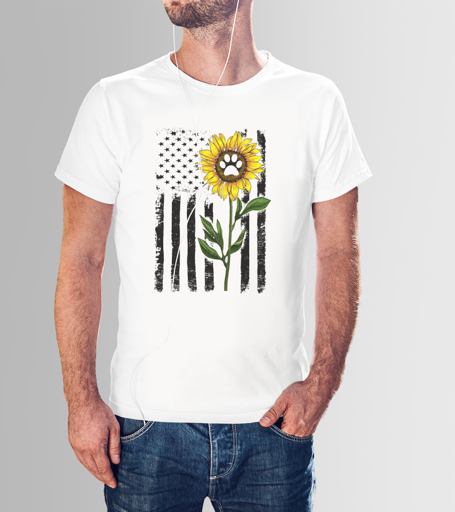 Sunflower Dog Paw Over American Flag Background T-Shirt