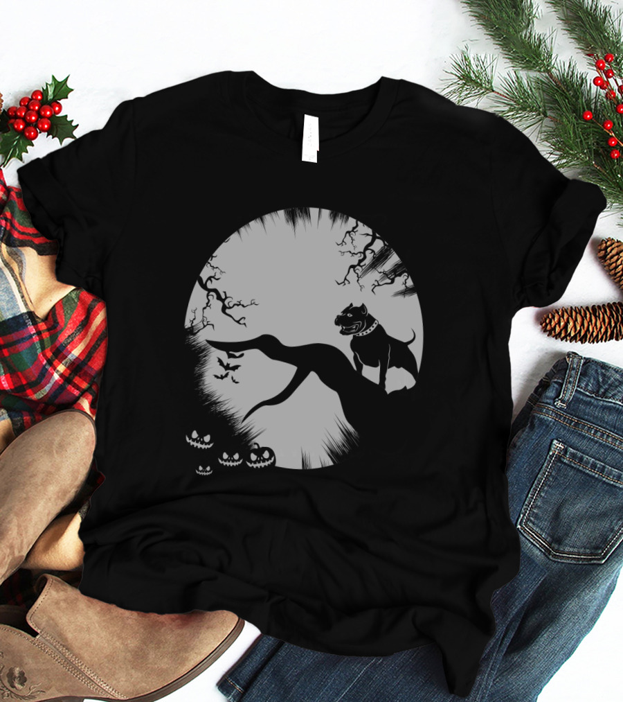 Pitbull Halloween Moon With Jack O'Lanterns And Bats T-Shirt