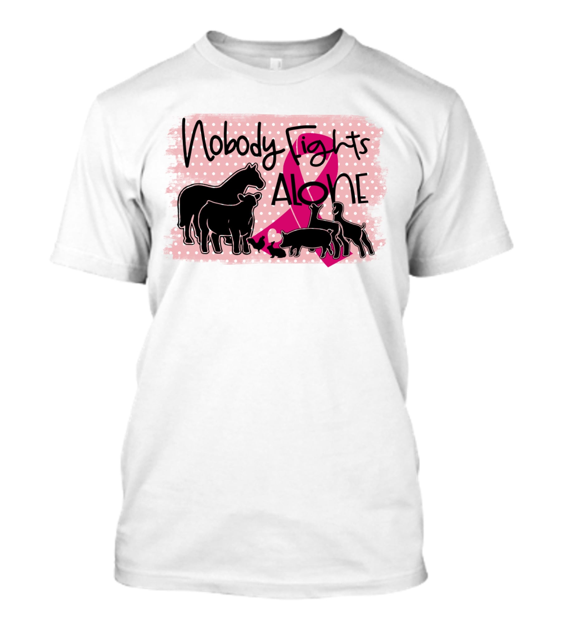 Nobody Fights Alone Breast Cancer Awareness With Farm Animal Silhouettes And Pink T-Shirt