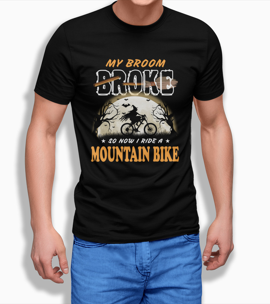 My Broom Broke So Now I Ride A Mountain Bike Halloween Witch Cycling Moon Scene T-Shirt
