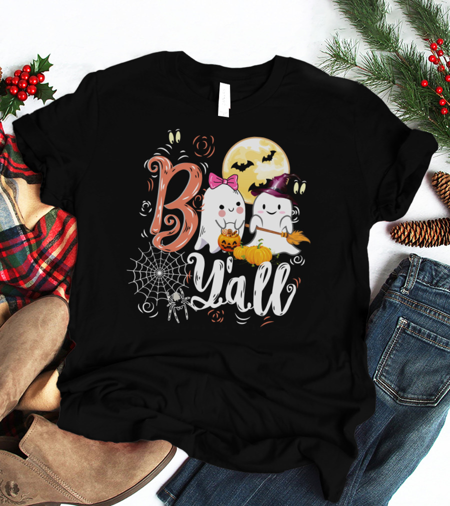 Bo Y'all Cute Ghosts With Pumpkins And Halloween Full Moon T-Shirt