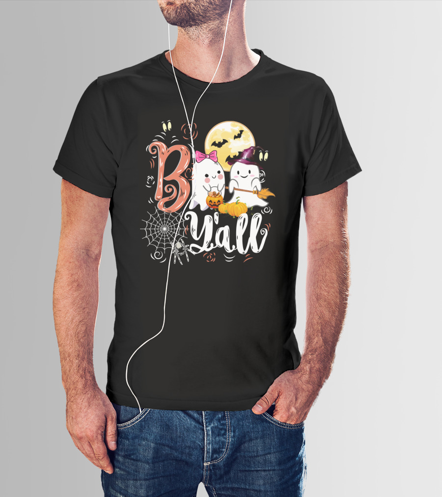 Bo Y'all Cute Ghosts With Pumpkins And Halloween Full Moon T-Shirt