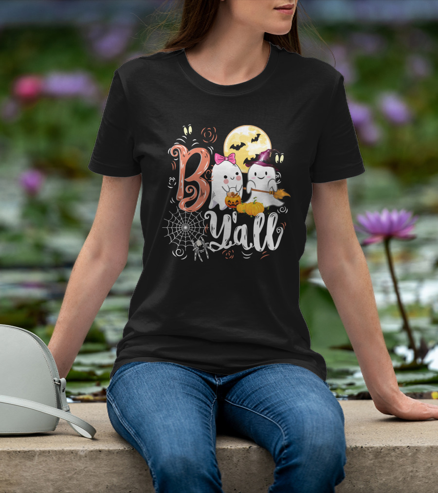 Bo Y'all Cute Ghosts With Pumpkins And Halloween Full Moon T-Shirt