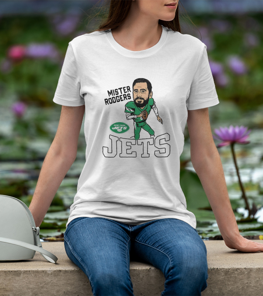 Mister Rodgers New York Jets Aaron Rodgers Caricature T-Shirt