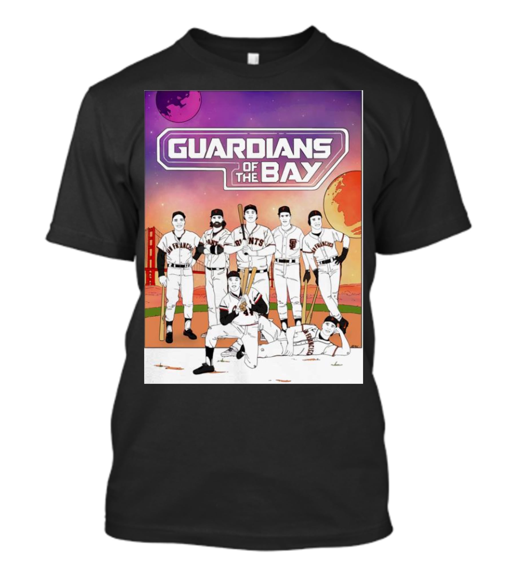 Guardians Of The Bay San Francisco Giants Baseball Players With Golden Gate Bridge And Sunset Background T-Shirt