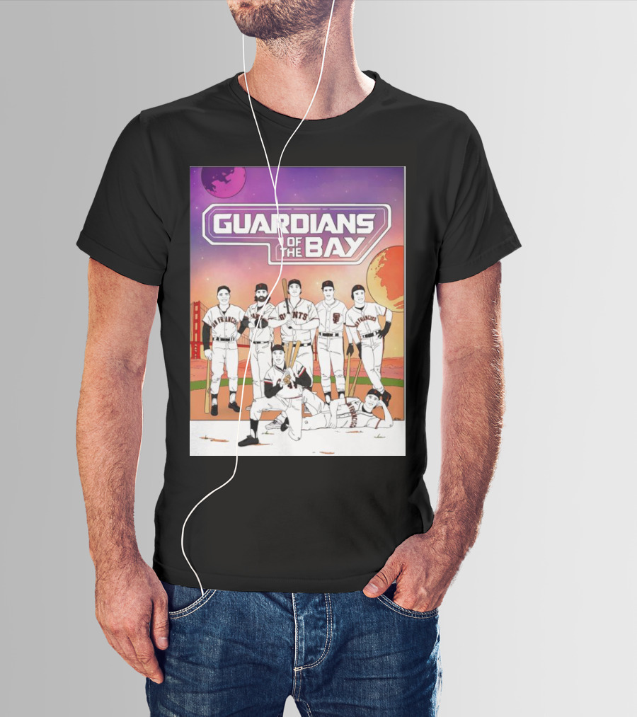 Guardians Of The Bay San Francisco Giants Baseball Players With Golden Gate Bridge And Sunset Background T-Shirt