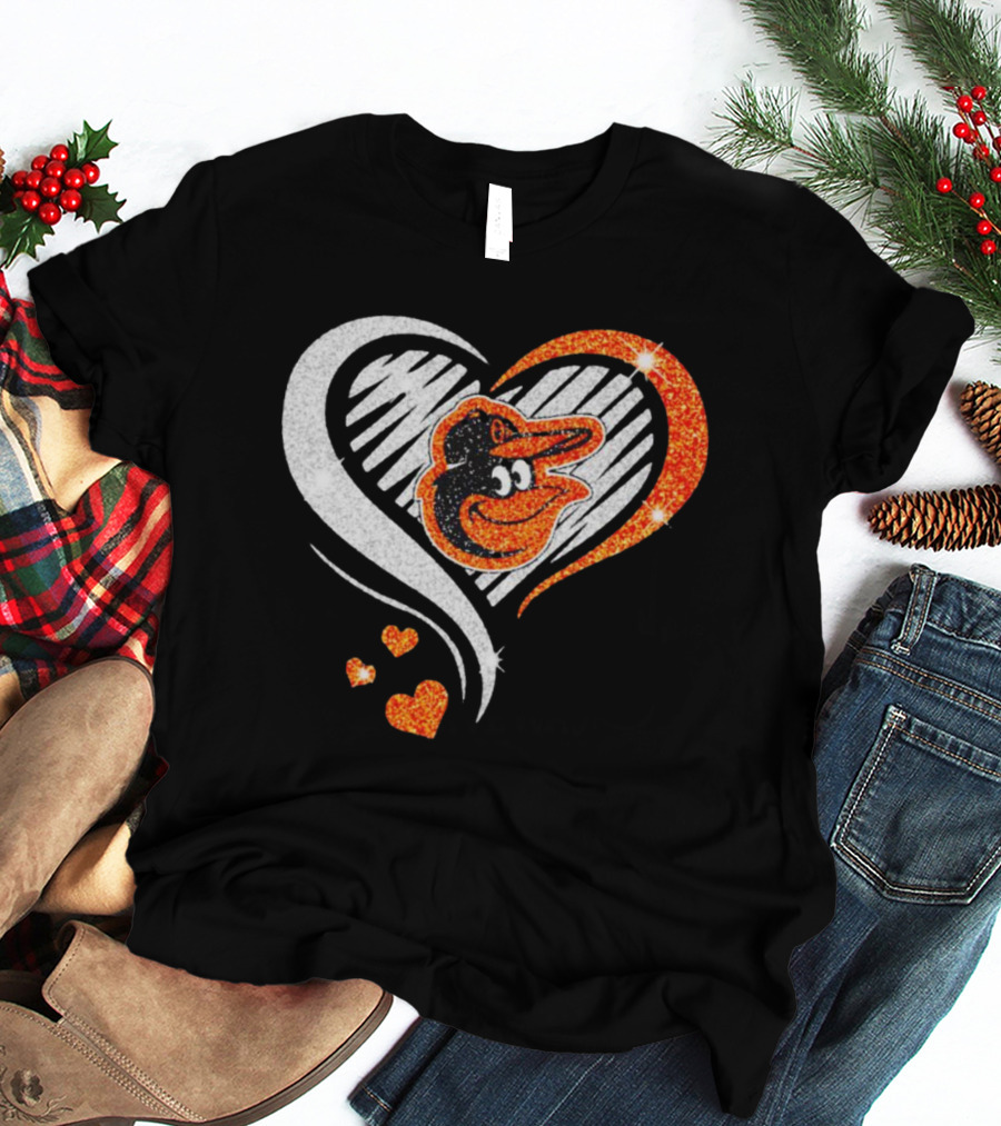 Baltimore Orioles Heart Shaped Logo With Orange Glitter Diamond T-Shirt