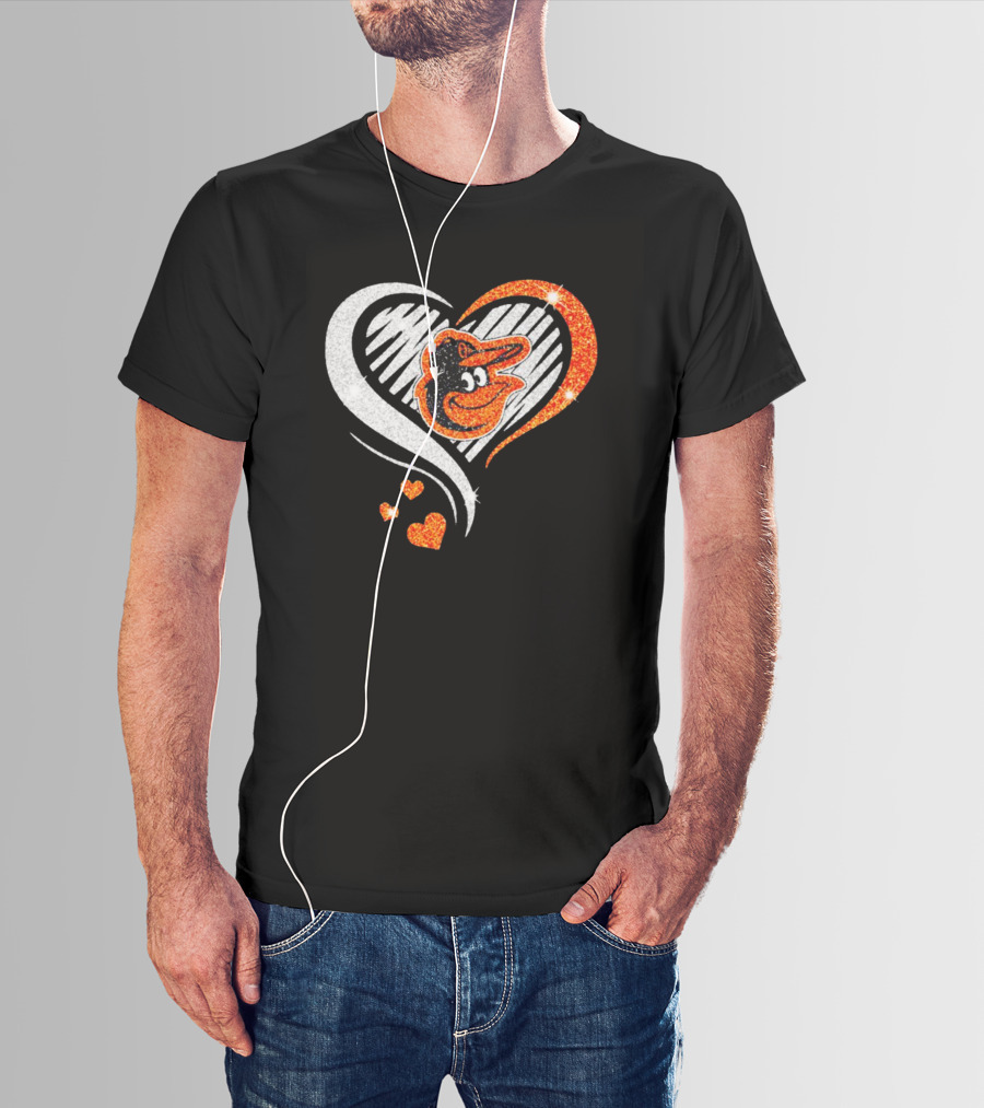 Baltimore Orioles Heart Shaped Logo With Orange Glitter Diamond T-Shirt