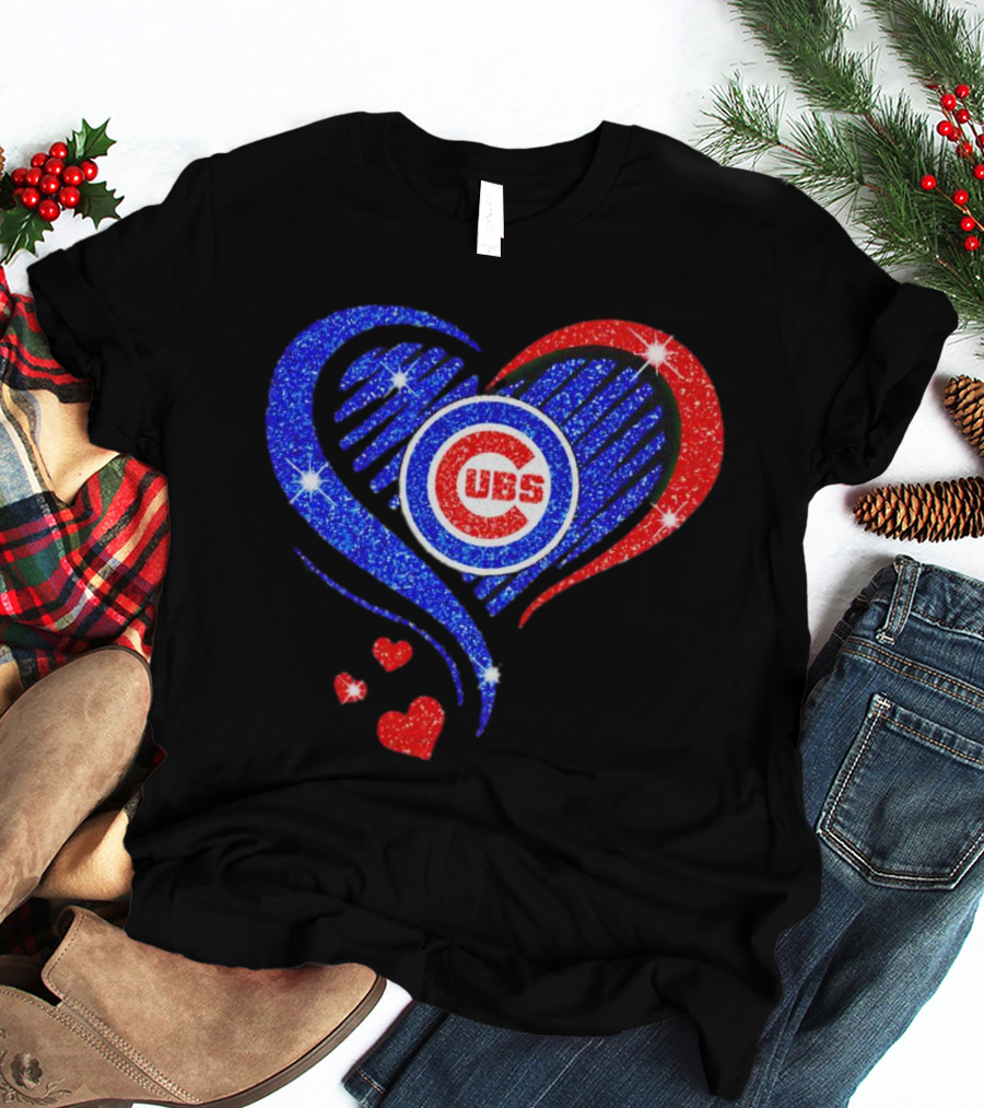 Chicago Cubs Glitter Heart Logo With Red And Blue Diamond T-Shirt