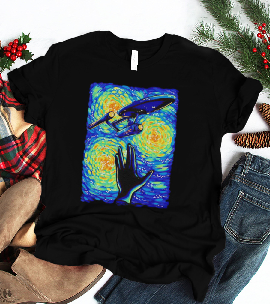 Star Trek Enterprise In Starry Night With Vulcan Salute Starry Trek T-Shirt