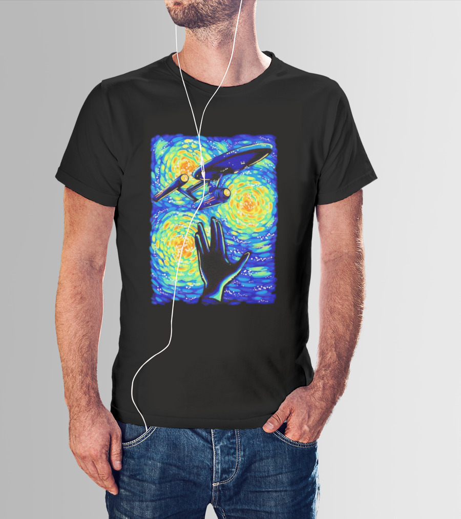 Star Trek Enterprise In Starry Night With Vulcan Salute Starry Trek T-Shirt