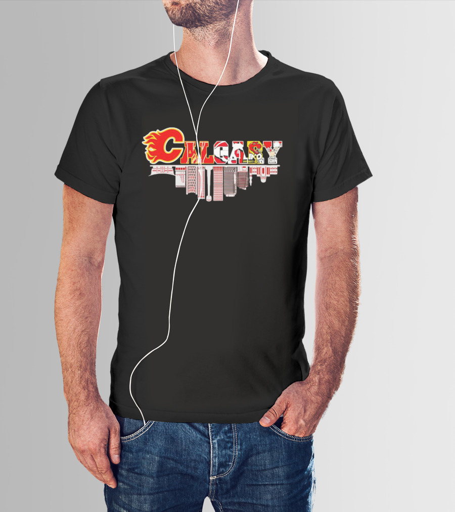 Calgary Flames Inspired Cityscape With Upside Down Skyline And Team Elements T-Shirt