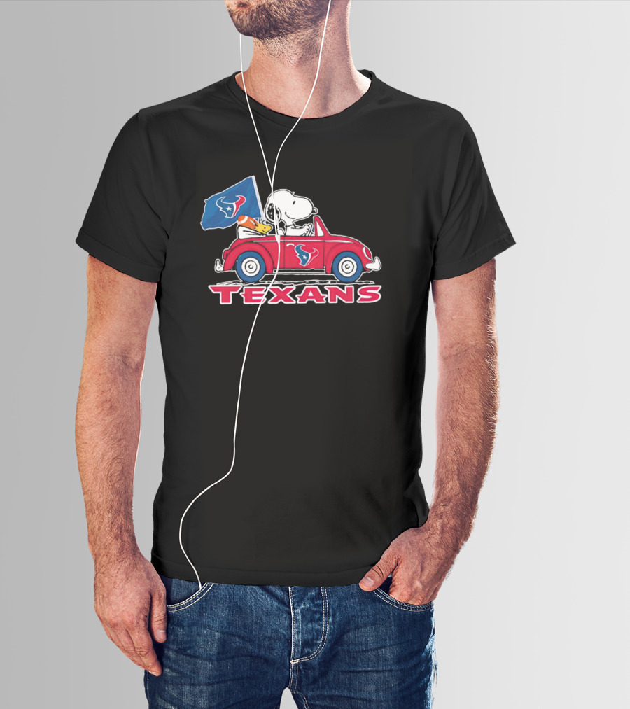 Snoopy And Woodstock Driving Car Texans Flag T-Shirt