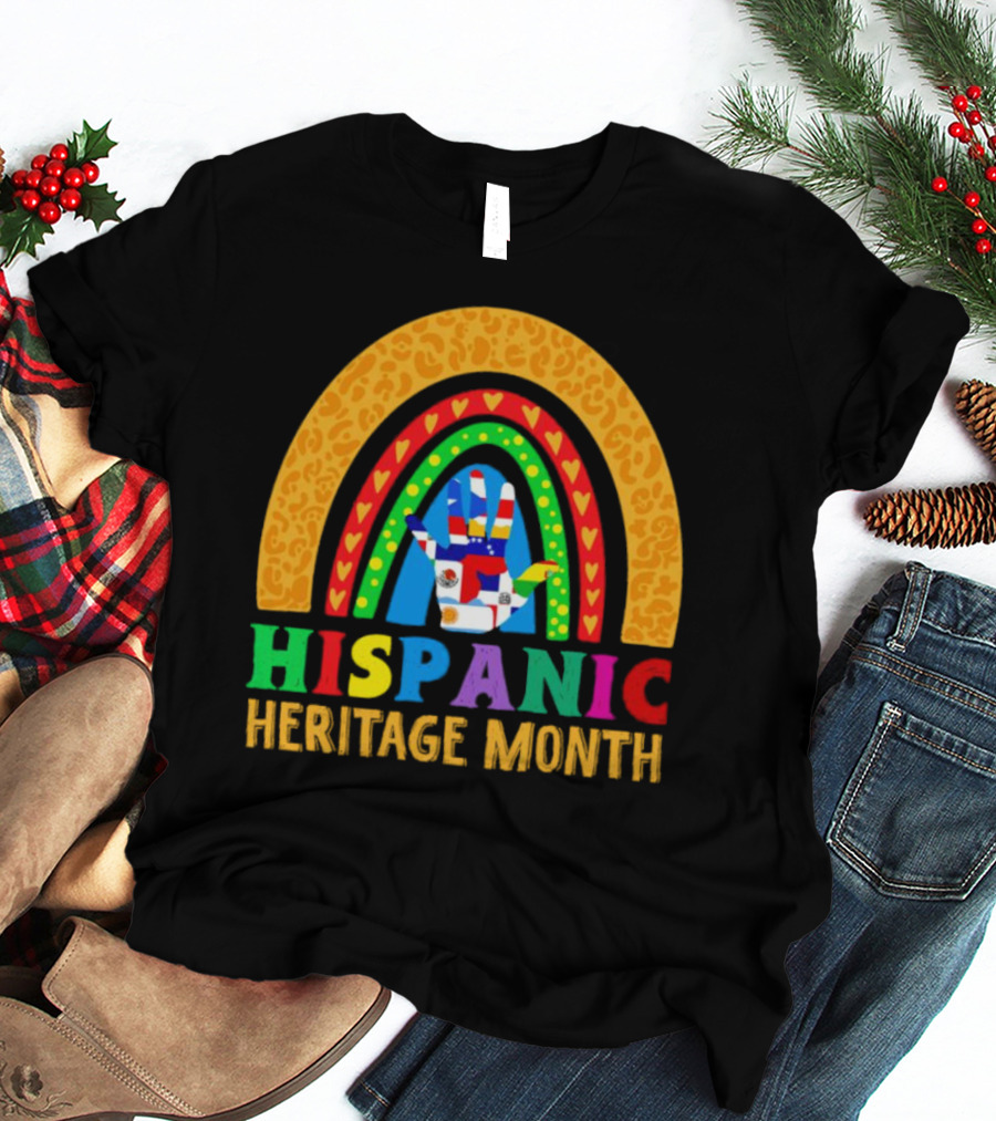 Hispanic Heritage Month Rainbow With Flag Mosaic Hand T-Shirt