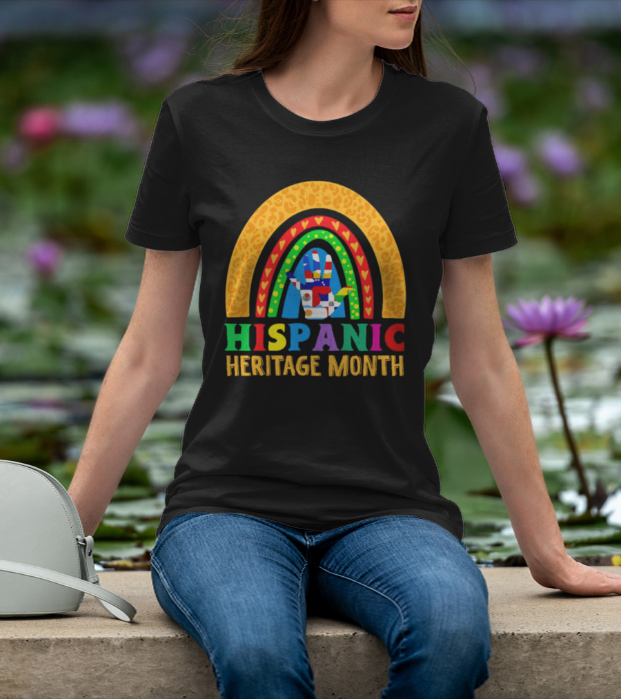 Hispanic Heritage Month Rainbow With Flag Mosaic Hand T-Shirt
