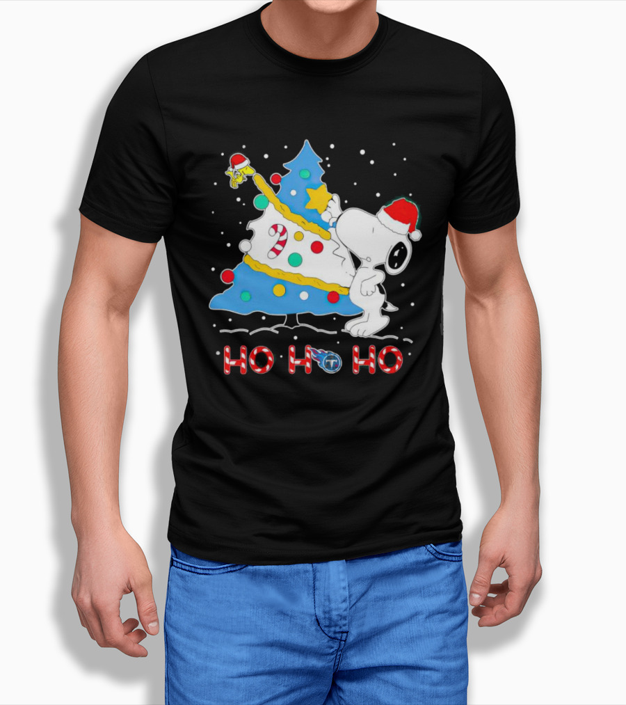Snoopy And Woodstock Decorating Christmas Tree Tennessee Titans Ho Ho Ho T-Shirt