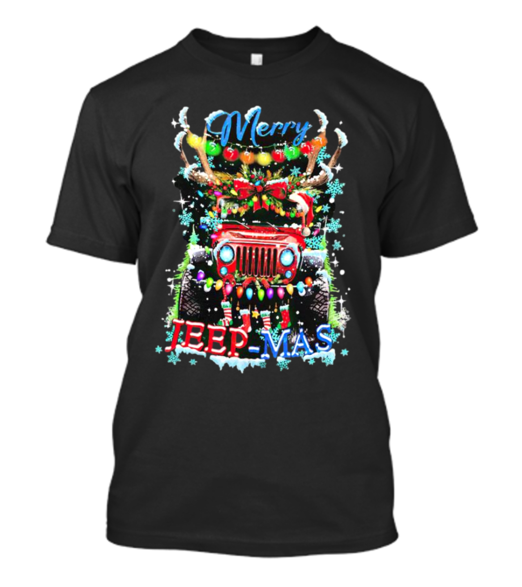 Merry Jeep Mas Reindeer Lights Snowflakes Christmas Decorations T-Shirt