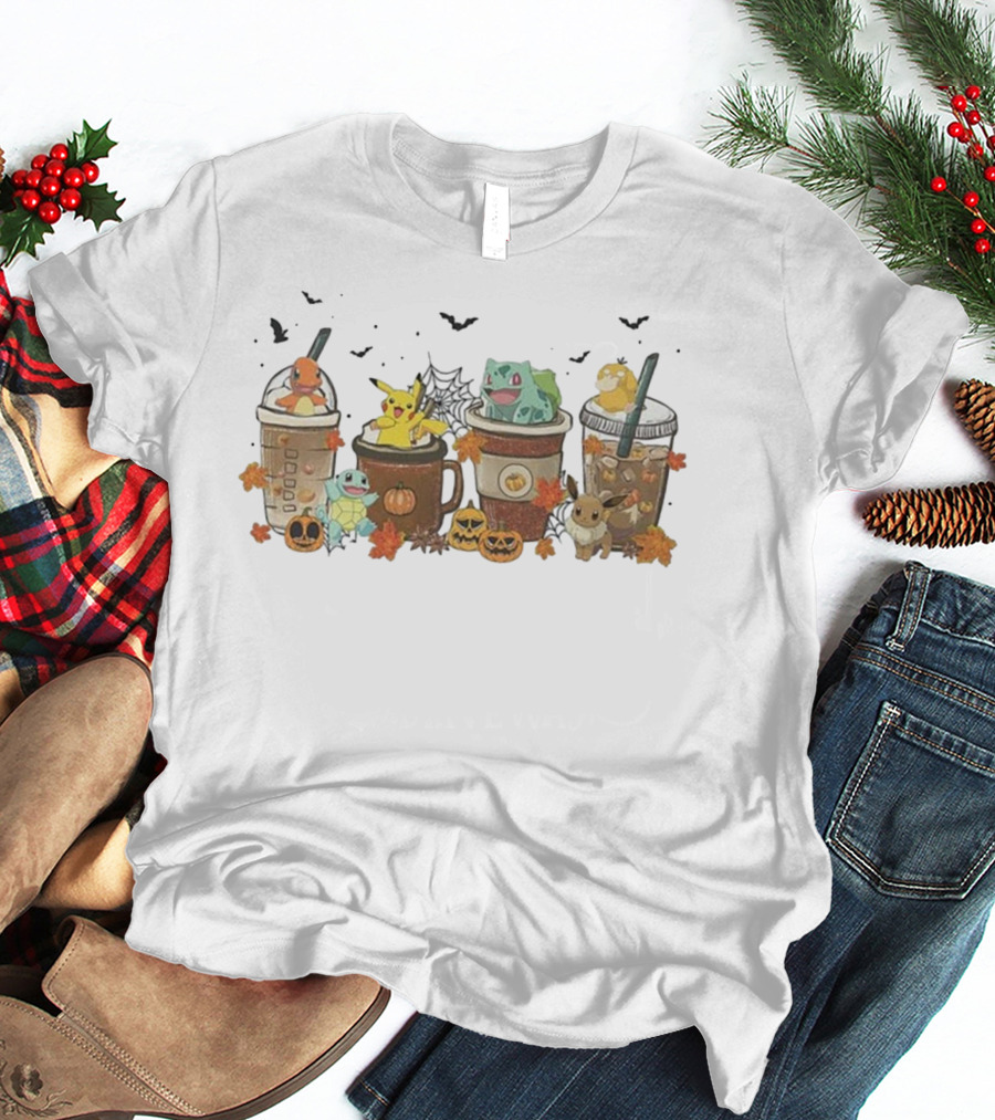 Pikachu Halloween Coffee Latte With Pokemon Celebrating Autumn T-Shirt