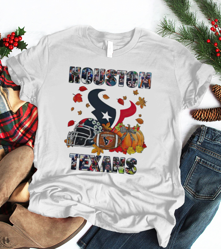 Houston Texans Football Helmet Pumpkin Autumn Leaves T-Shirt