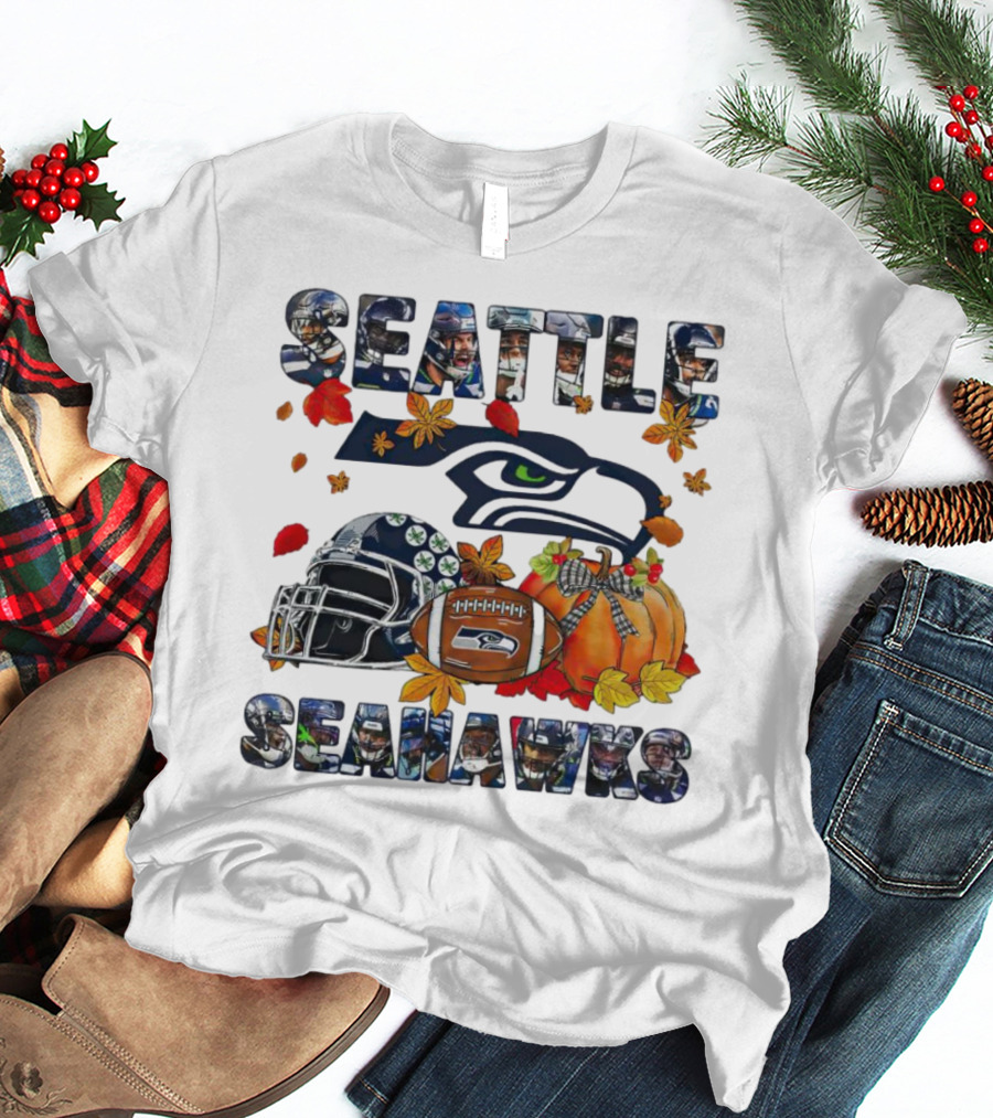 Seattle Seahawks Autumn Leaf Helmet Football Pumpkin T-Shirt