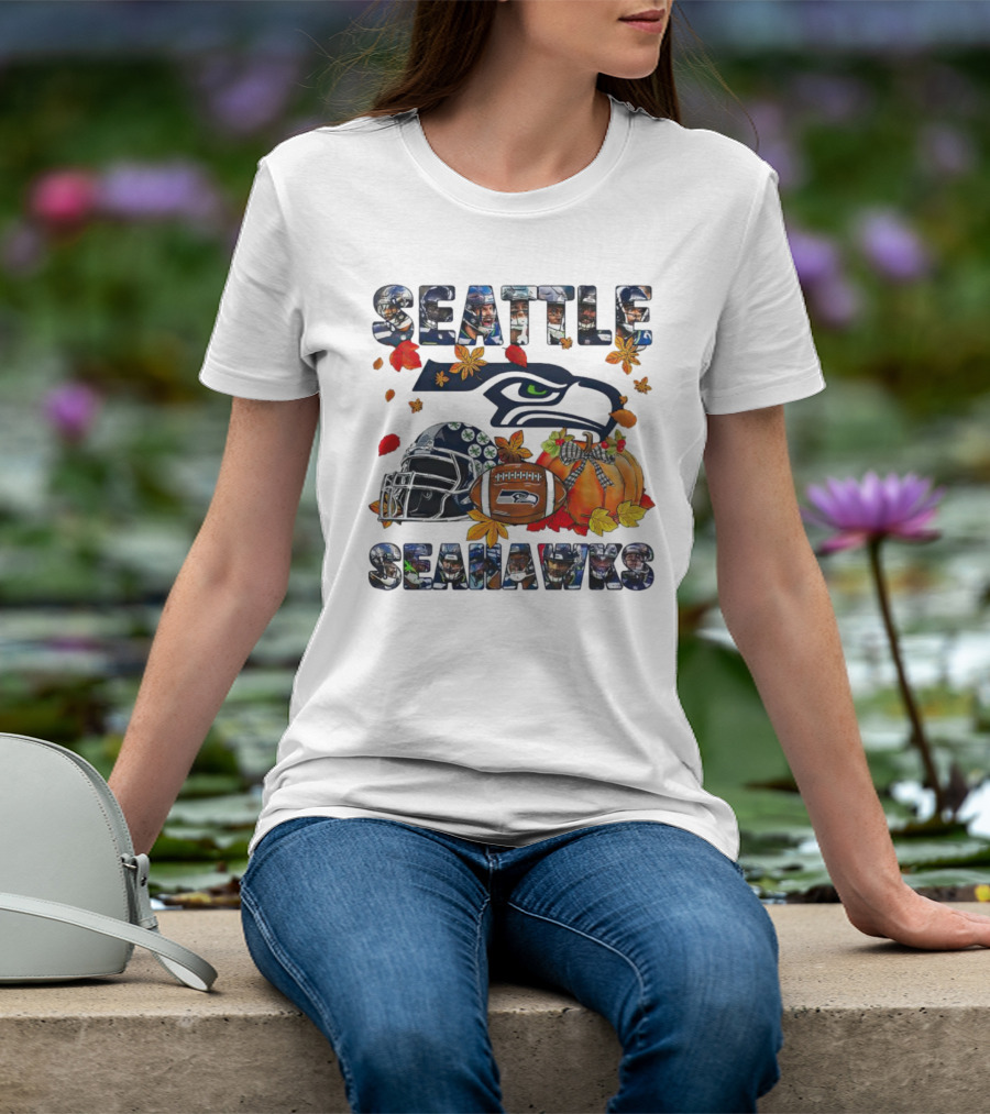 Seattle Seahawks Autumn Leaf Helmet Football Pumpkin T-Shirt