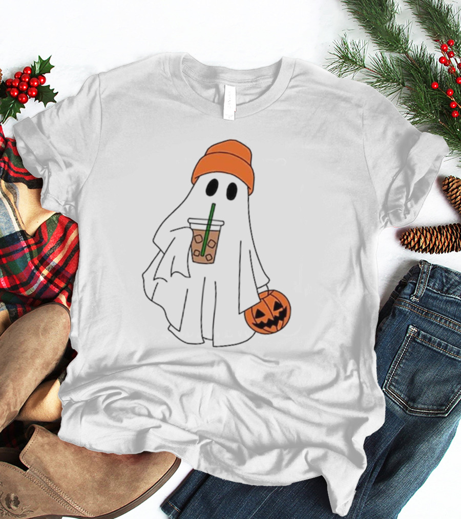 Cute Ghost Drinking Ice Coffee With Pumpkin Hat T-Shirt
