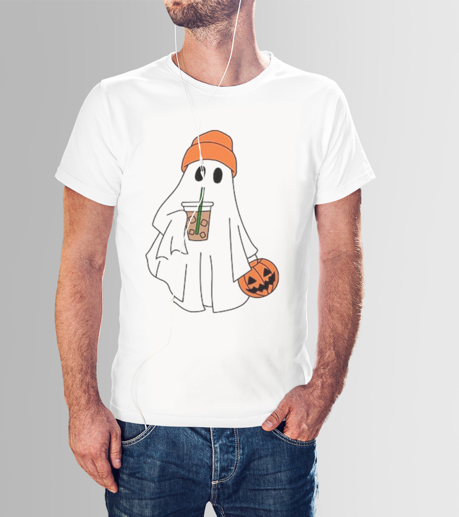 Cute Ghost Drinking Ice Coffee With Pumpkin Hat T-Shirt