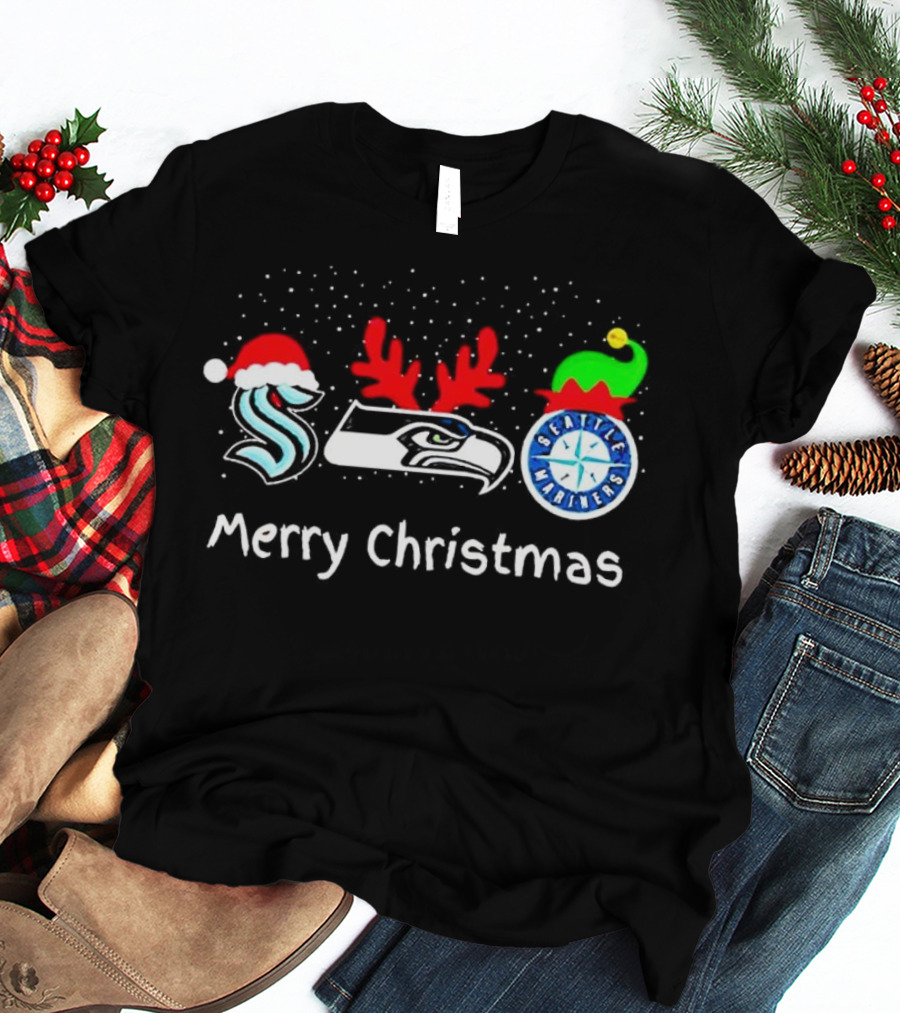 Seattle Kraken Seahawks Mariners Santa Reindeer Elf Merry Christmas T-Shirt