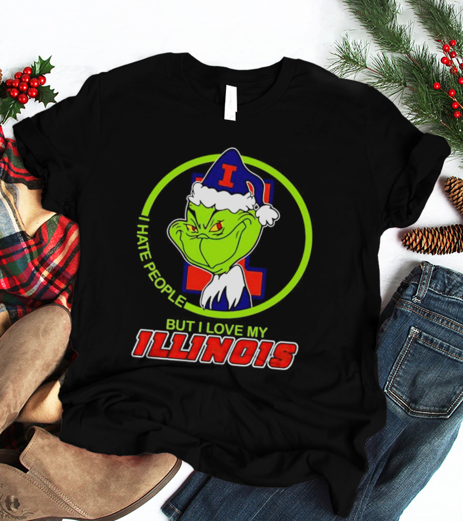 Grinch I Hate People But I Love My Illinois Holiday Spirit T-Shirt