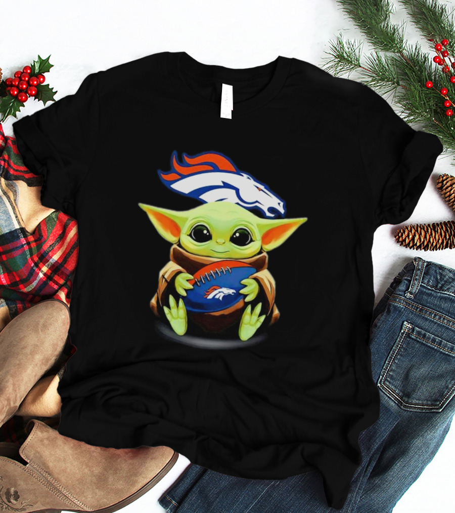 Baby Yoda Hugs Denver Broncos Football T-Shirt