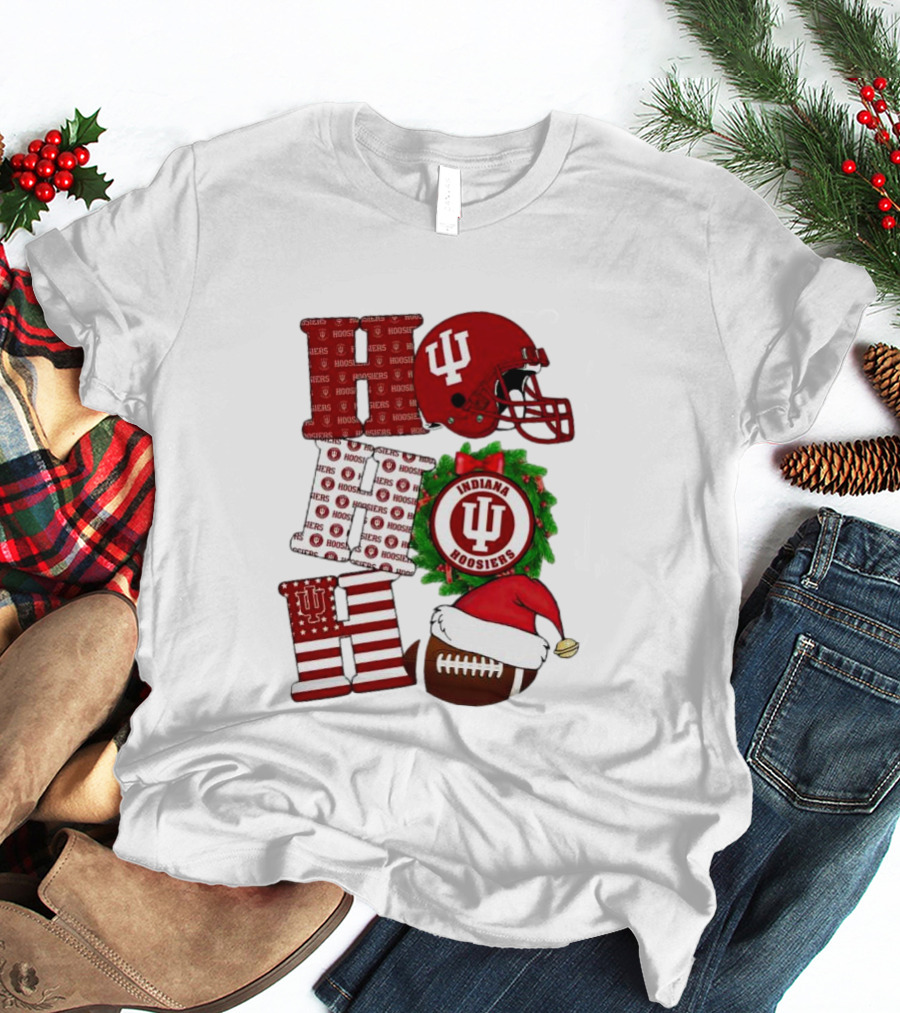 Indiana Hoosiers Christmas Ho Ho Ho Football Helmet Wreath Santa Hat T-Shirt