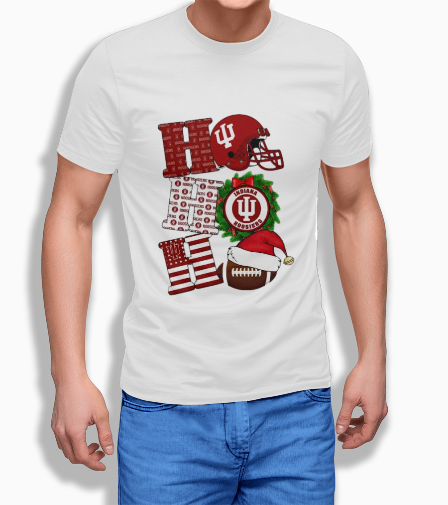 Indiana Hoosiers Christmas Ho Ho Ho Football Helmet Wreath Santa Hat T-Shirt
