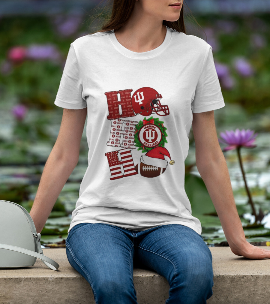 Indiana Hoosiers Christmas Ho Ho Ho Football Helmet Wreath Santa Hat T-Shirt