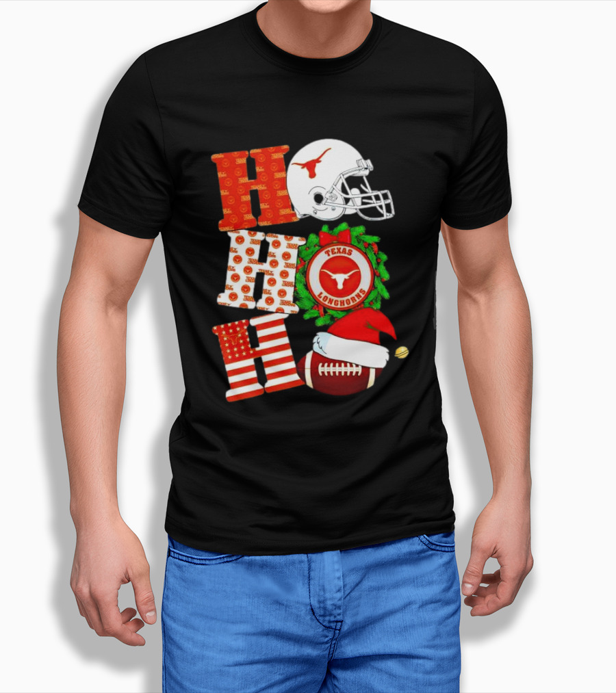 Texas Longhorns Ho Ho Ho Christmas Football Helmet Wreath Santa Hat T-Shirt