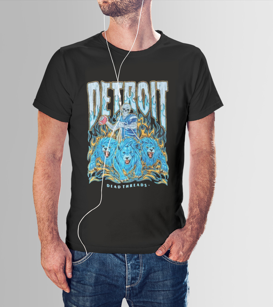 Detroit Dead Threads Football Skeleton And Blue Lions T-Shirt