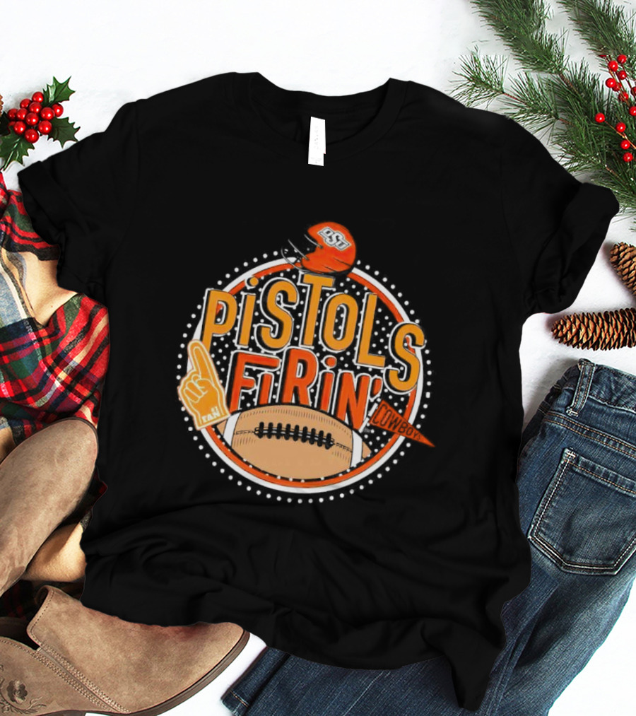 Pistols Firing OSU Cowboys Football Helmet And Foam Finger T-Shirt