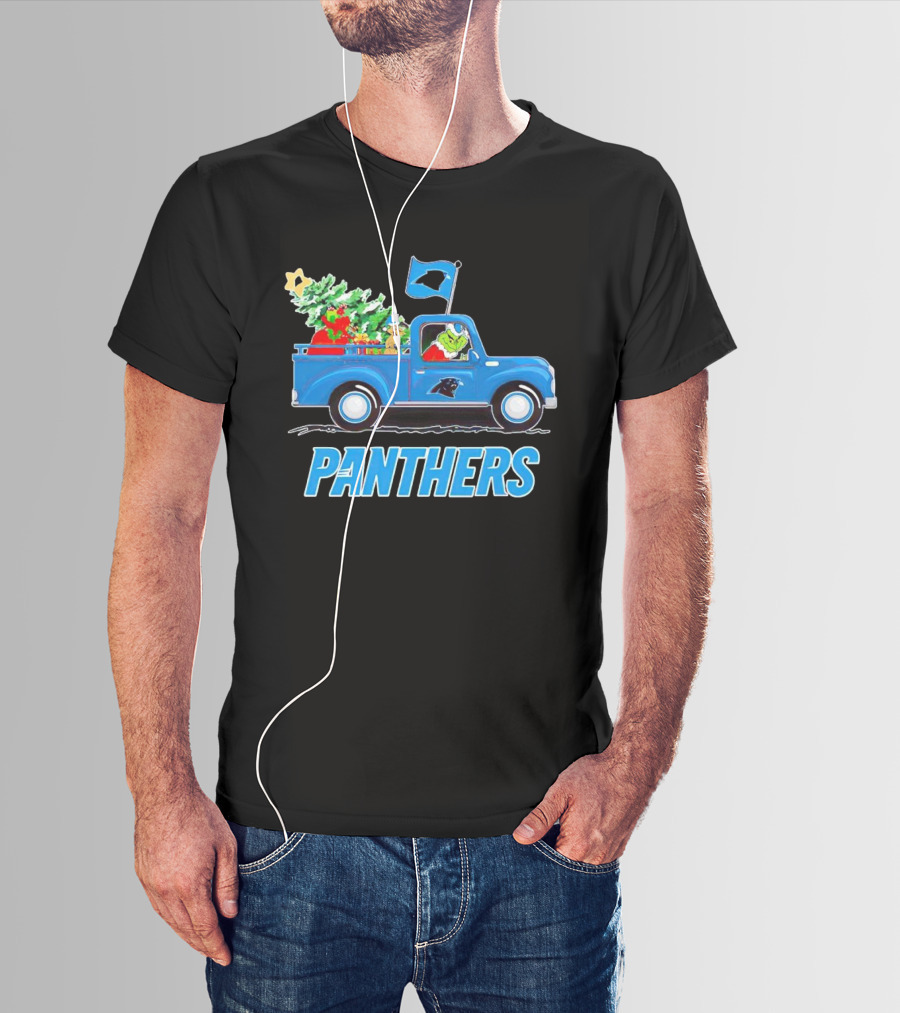 Grinch In Blue Christmas Truck With Carolina Panthers Logo And Tree T-Shirt