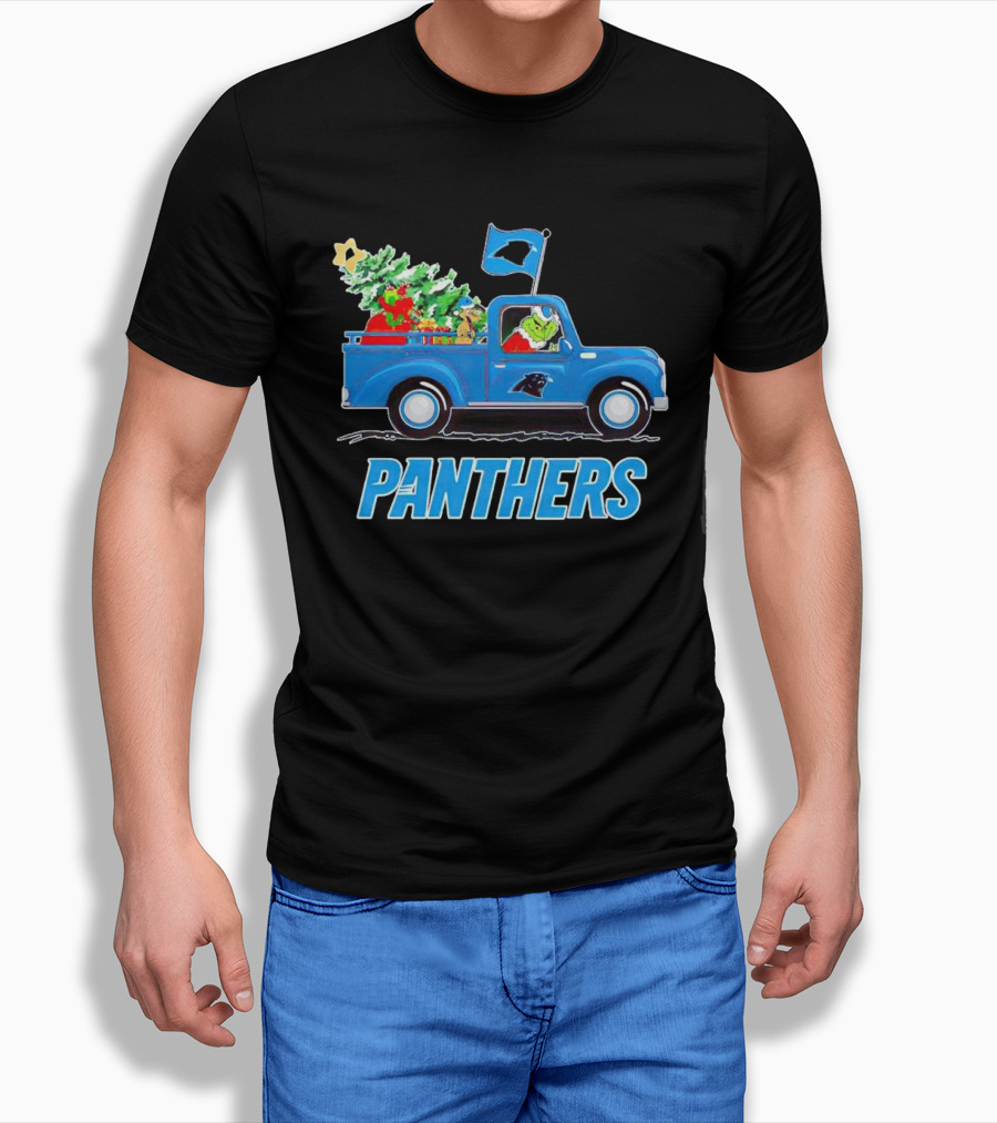Grinch In Blue Christmas Truck With Carolina Panthers Logo And Tree T-Shirt