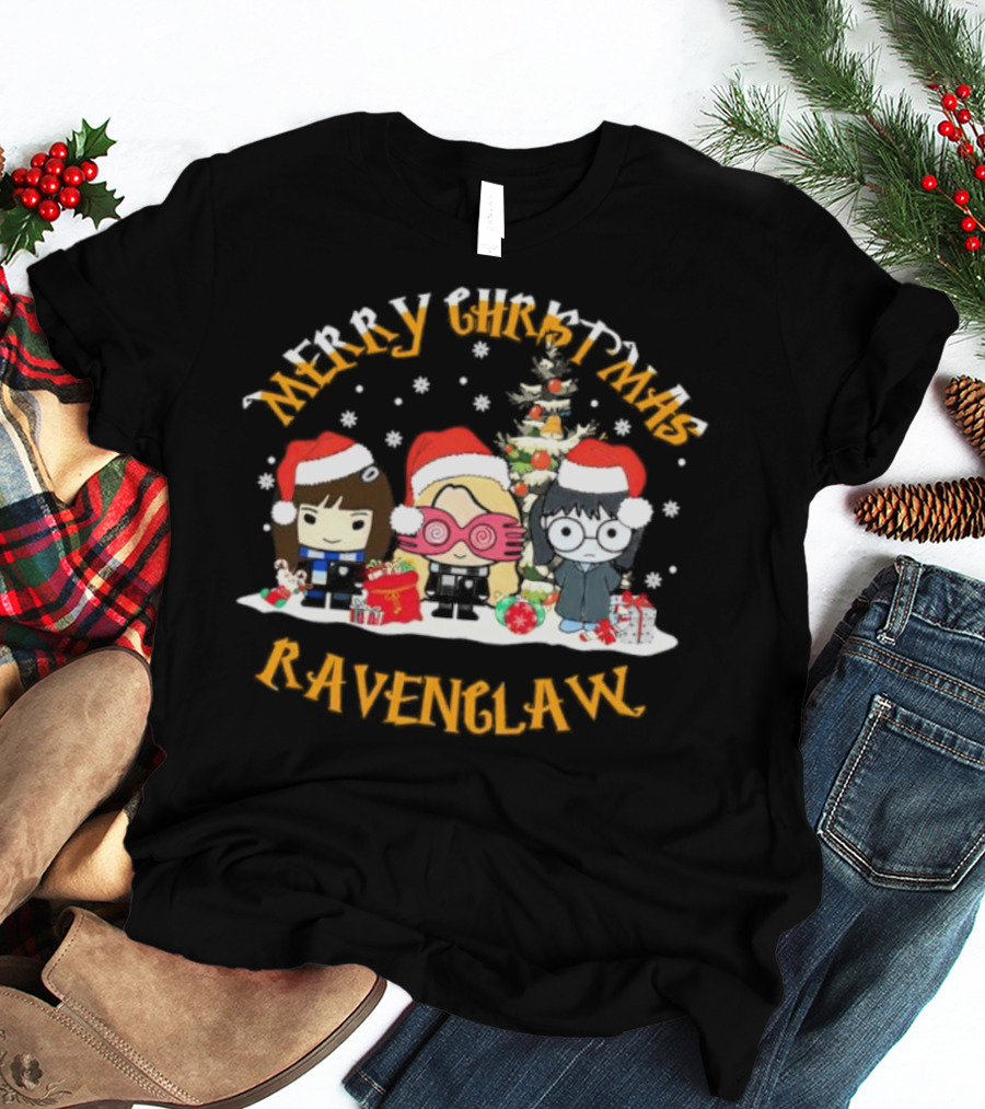 Merry Christmas Ravenclaw Characters With Santa Hats And Christmas Tree T-Shirt