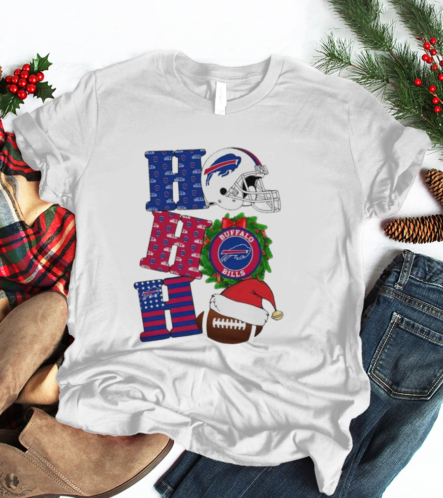 Buffalo Bills Helmet Wreath Football Santa Hat Ho Ho Ho Merry Christmas T-Shirt