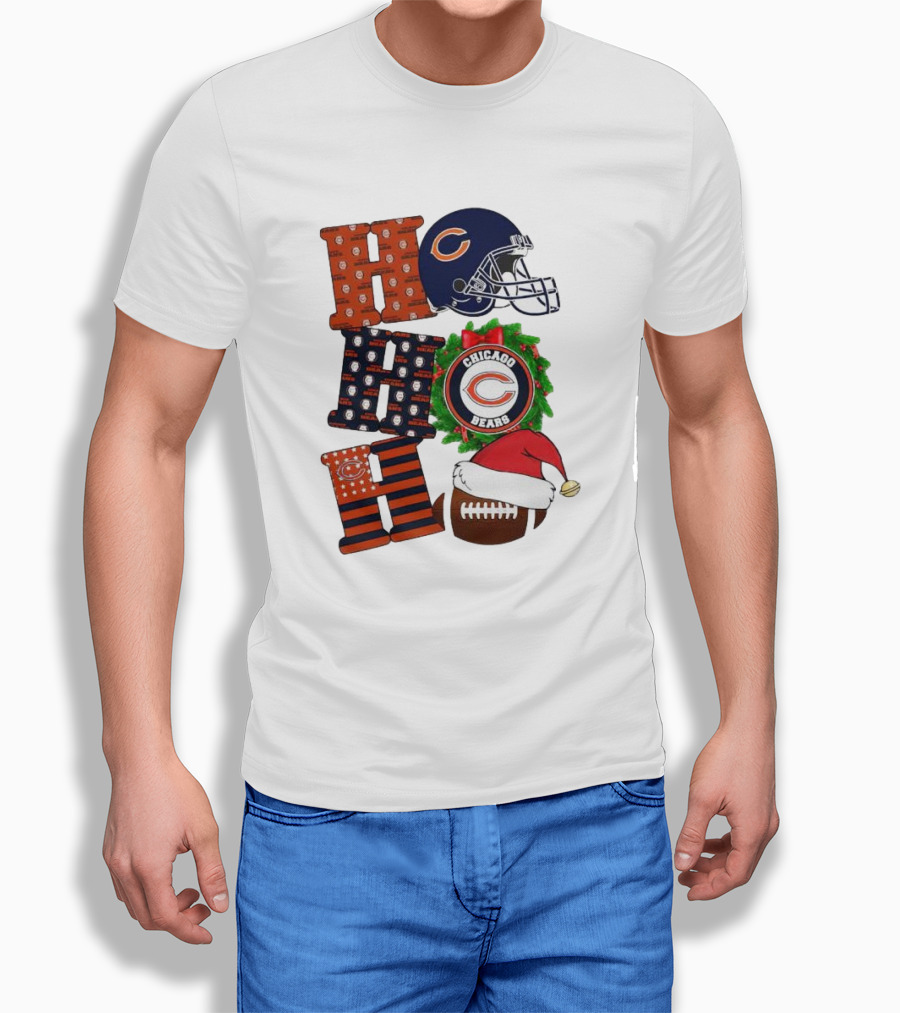 Chicago Bears Ho Ho Ho Merry Christmas Football Helmet Wreath Santa Hat T-Shirt