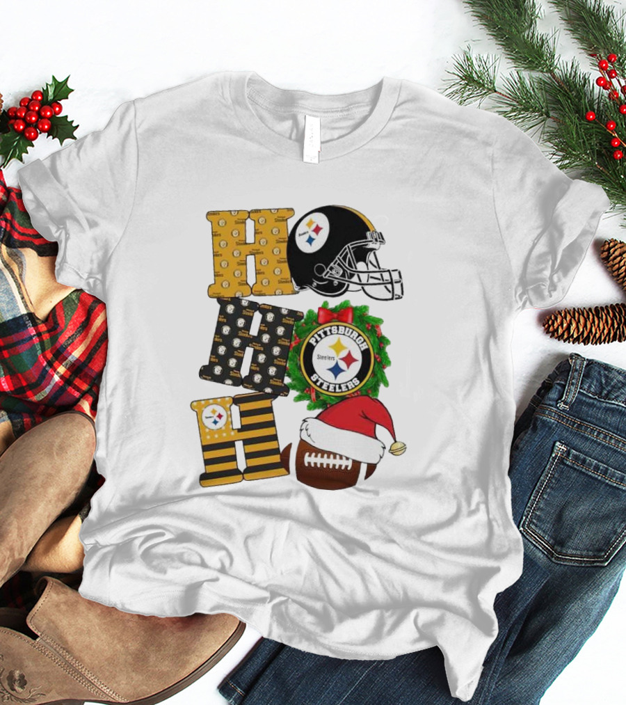 Pittsburgh Steelers Ho Ho Ho Merry Christmas Football Helmet Wreath Santa Hat T-Shirt