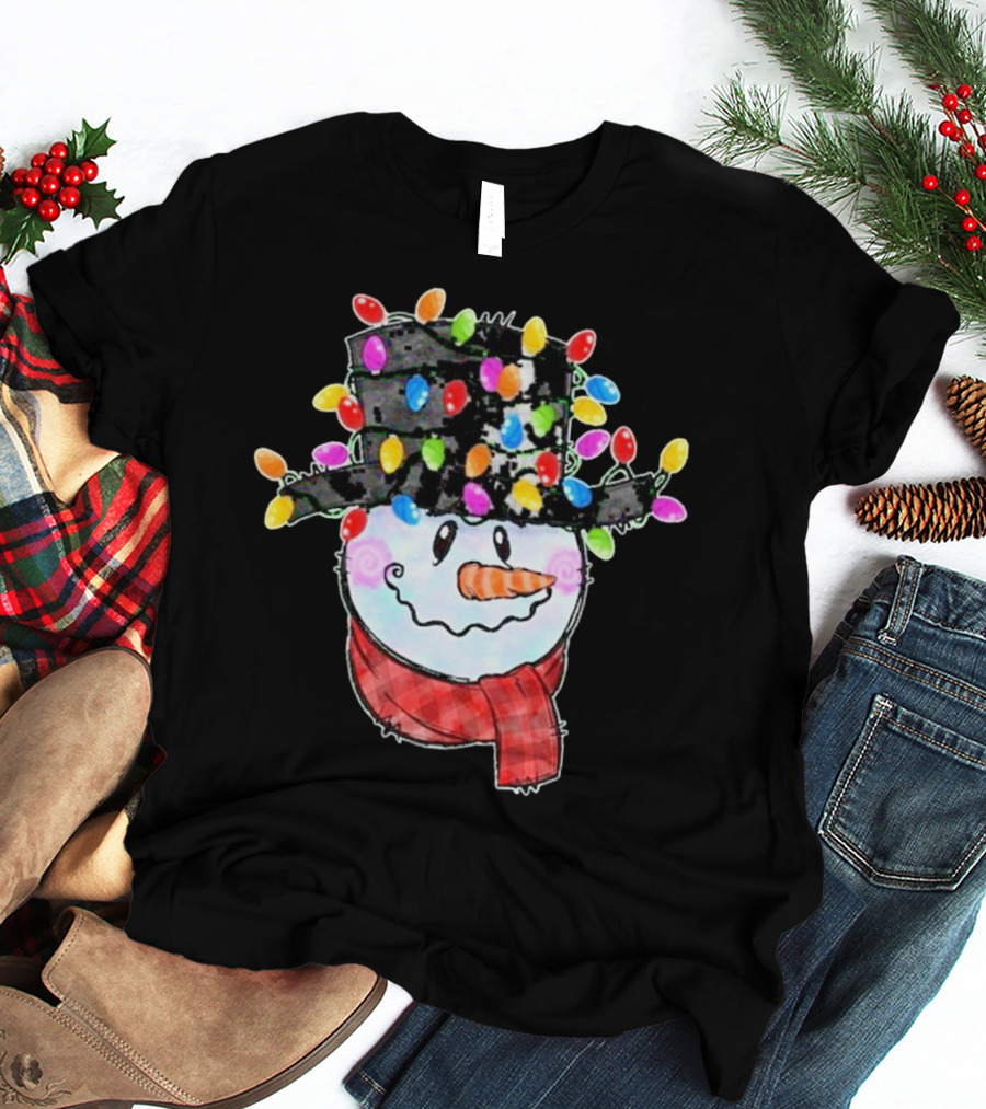 Snowman Wrapped In Colorful Christmas Lights With Black Top Hat And Red Scarf T-Shirt