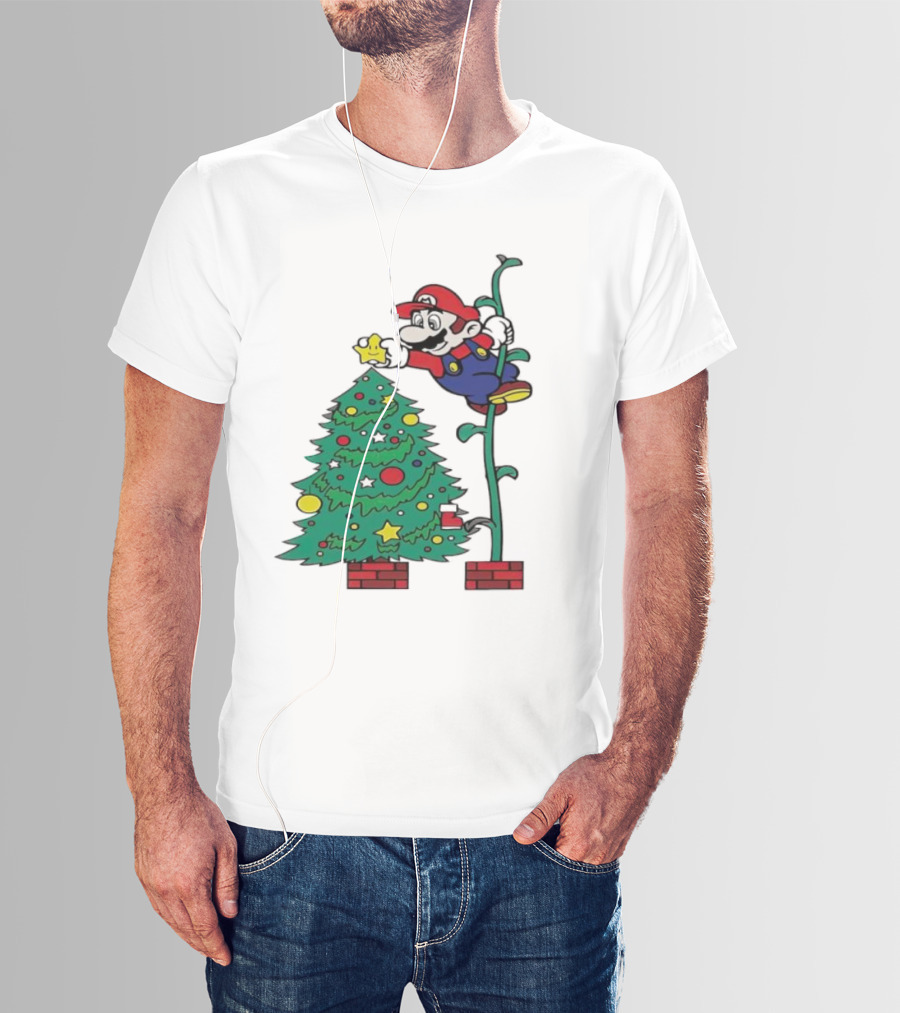 Super Mario Decorating Christmas Tree With Power-Up Star And Brick Blocks T-Shirt