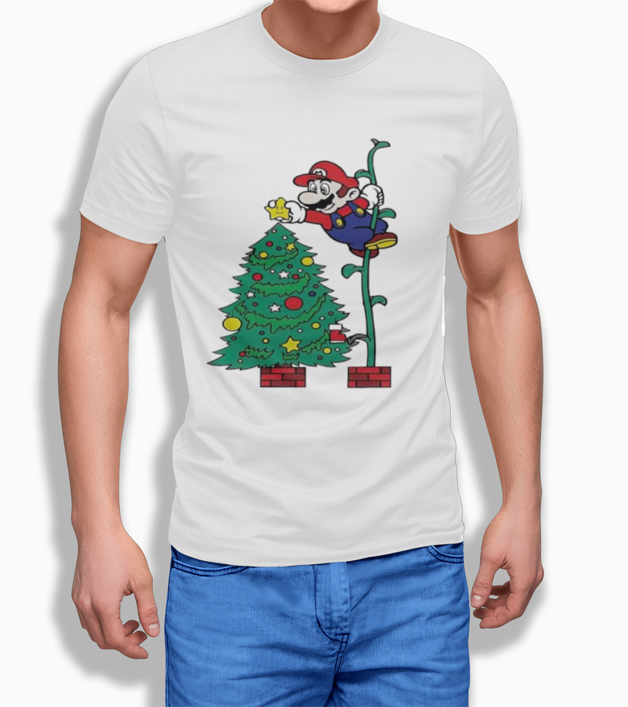 Super Mario Decorating Christmas Tree with Power-Up Star and Brick Blocks T-Shirt