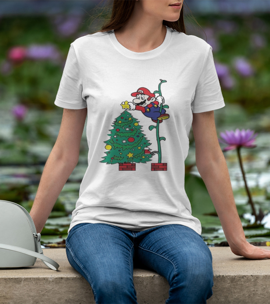 Super Mario Decorating Christmas Tree With Power-Up Star And Brick Blocks T-Shirt