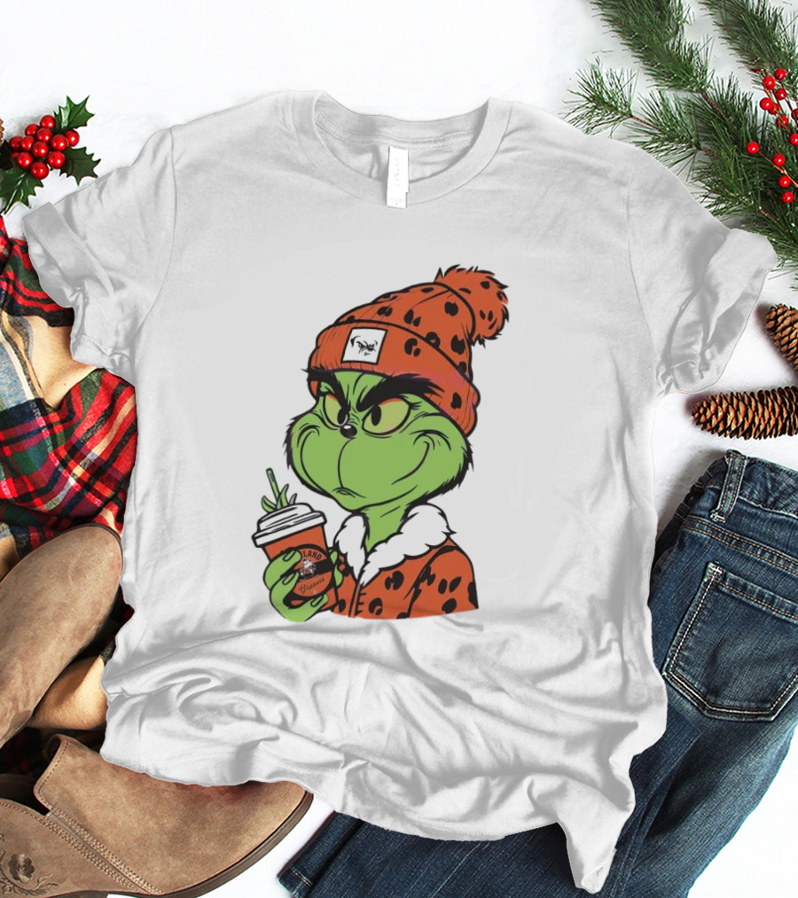 Grinch Wears Orange Beanie Holds Browns Mug Christmas T-Shirt
