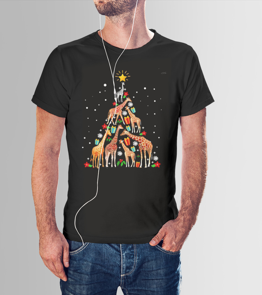 Giraffe Christmas Tree Star Presents Snowflakes T-Shirt