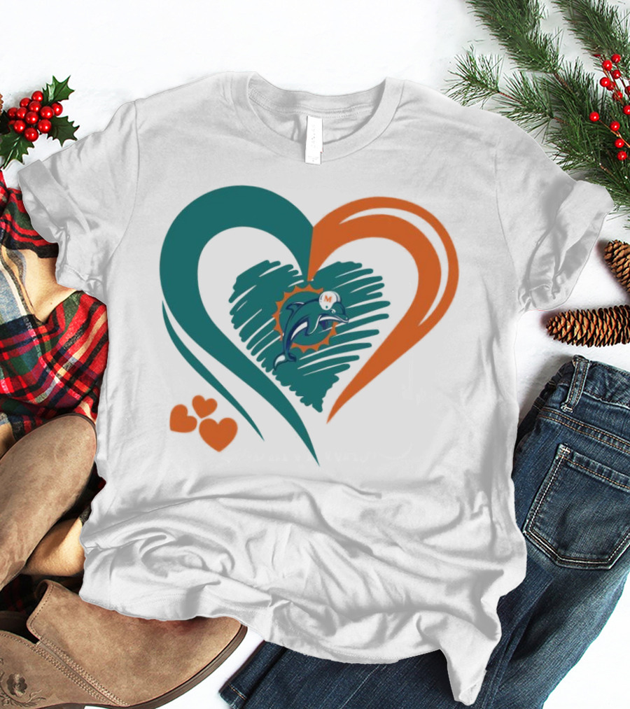 Miami Dolphins Heart Shape Emblem With Three Small Hearts T-Shirt