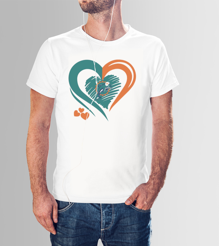 Miami Dolphins Heart Shape Emblem With Three Small Hearts T-Shirt